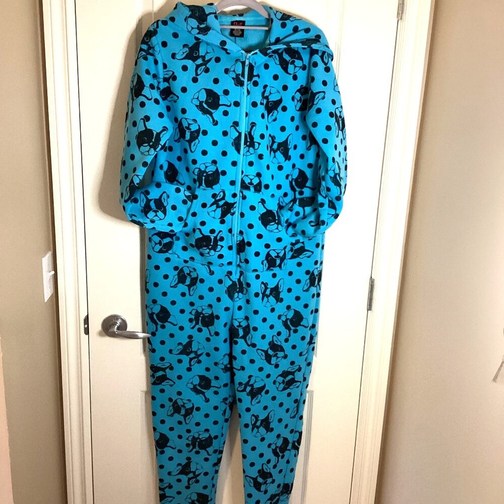 SWS Blue Fleece Long Warm Pajama Onesie Sleepwear Loungewear Dog Print Size XL